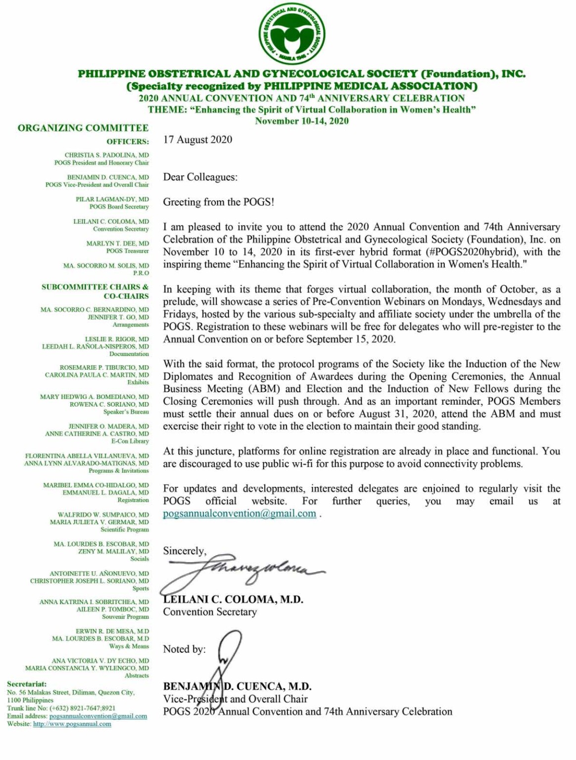 Letter of Invitation to POGS 2020 Annual Convention and 74th